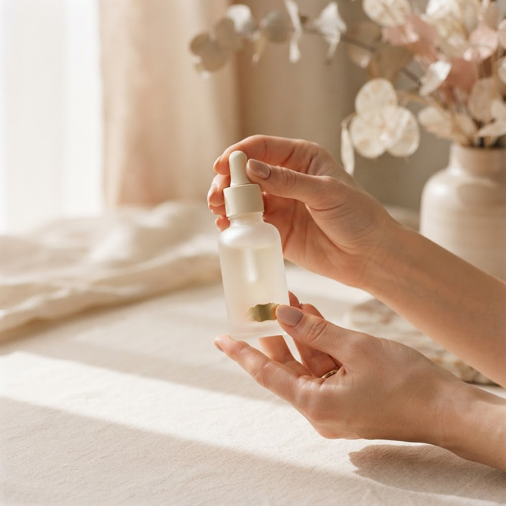 Hands holding a frosted glass serum bottle in warm morning light