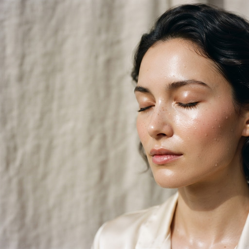 Close-up portrait of a woman with luminous, dewy skin and eyes closed in soft natural light